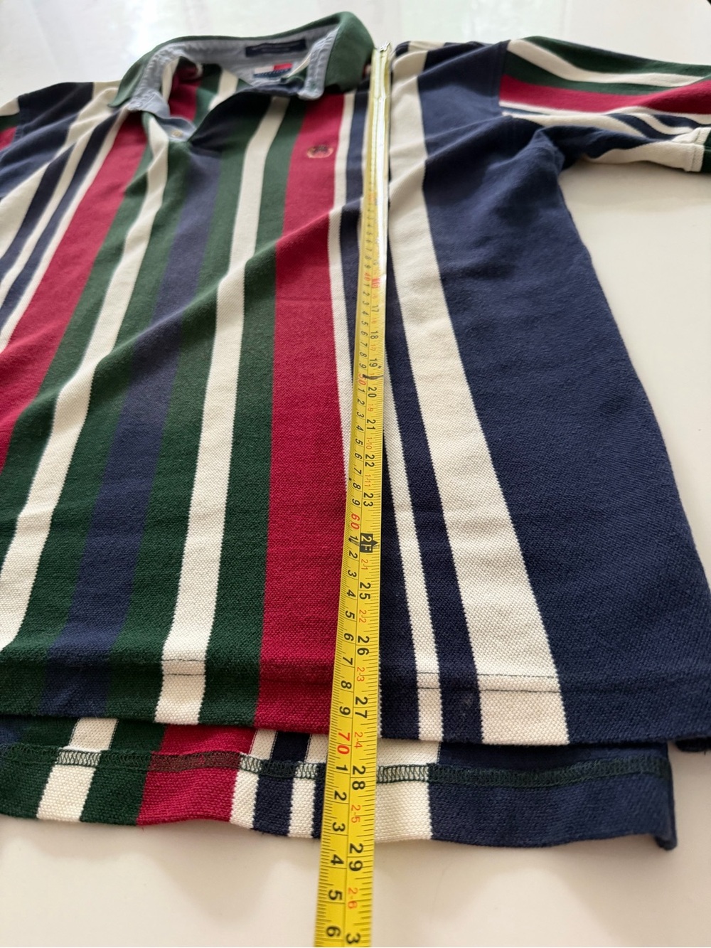 Vintage Tommy Hilfiger Vertical Stripe Polo in Navy, Green & Burgundy - Picture 4 of 8